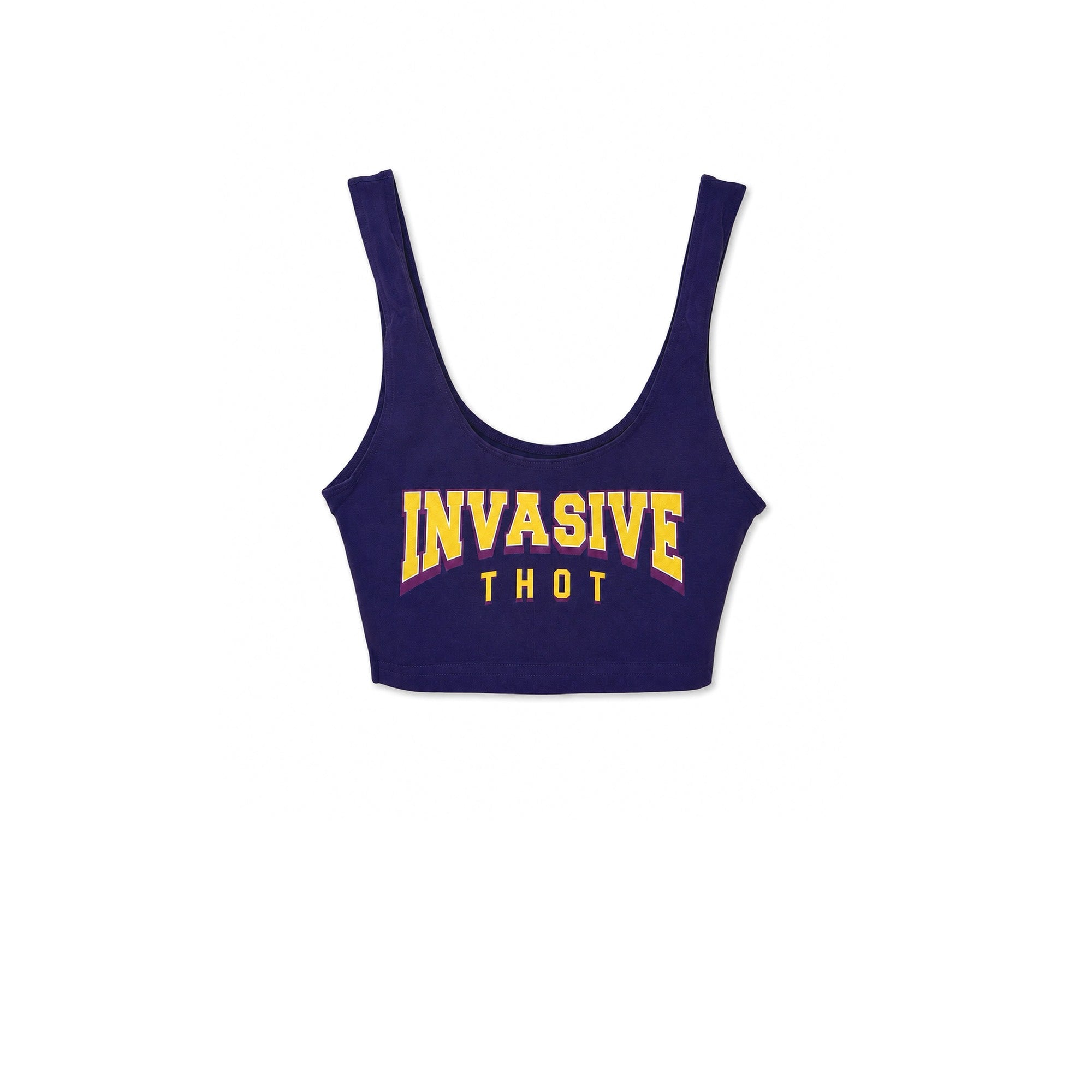 Invasive Thot purple and gold varsity INVASIVE THOT crop top