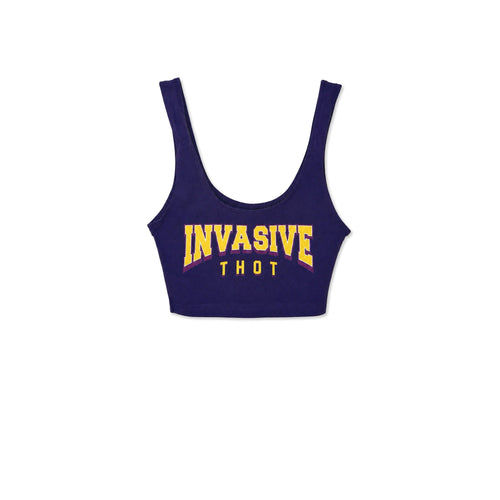 Invasive Thot purple and gold varsity INVASIVE THOT crop top