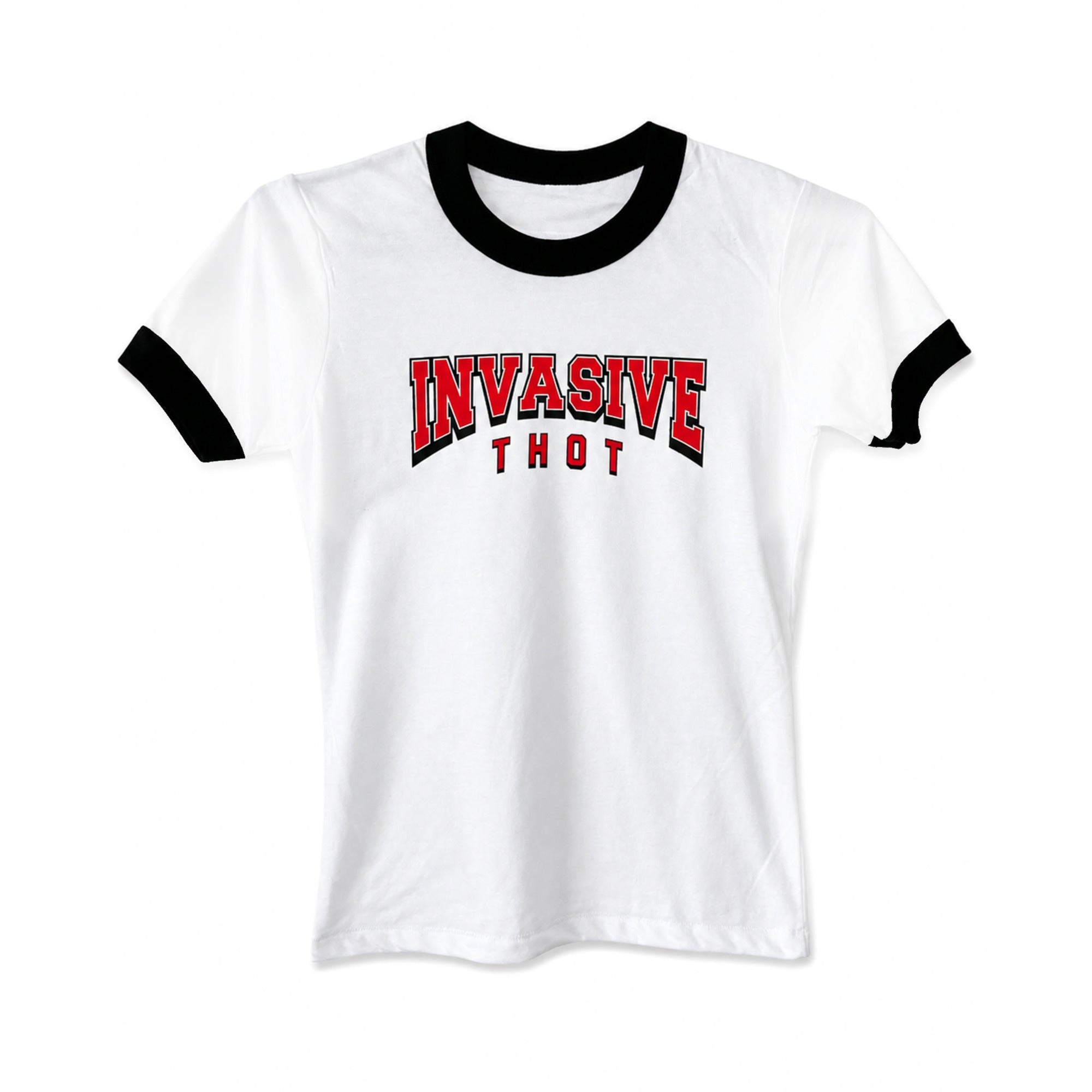Invasive Thot white and black ringer baby tee with red varsity INVASIVE THOT print