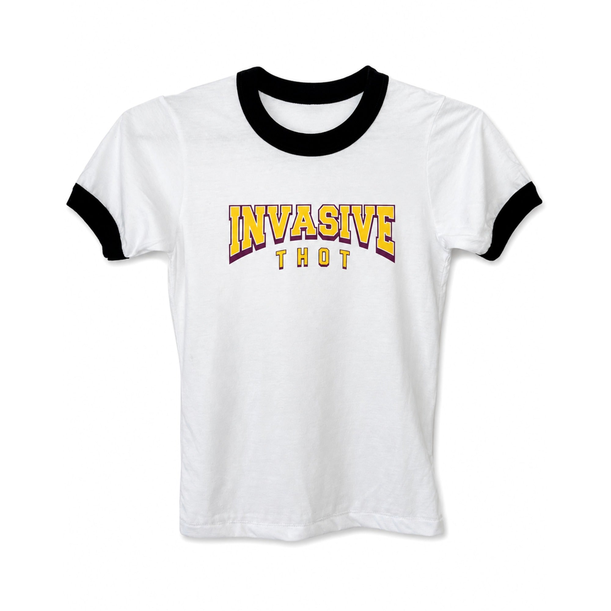Invasive Thot white and black ringer baby tee with purple and gold varsity INVASIVE THOT print